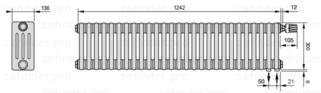 Схема (чертеж) Радиатор Zehnder Charleston 4030/27 №V002 Белый глянцевый RAL 9016